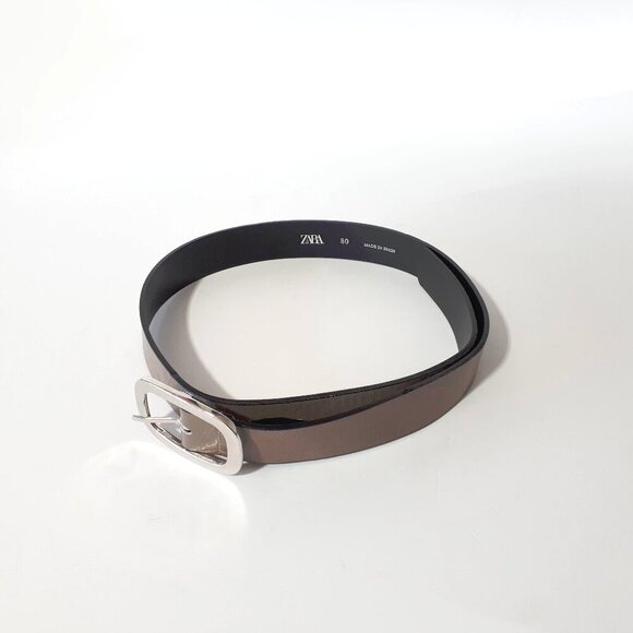 NWOT Zara taupe brown leather belt with silver hardware, 38.25" long - Picture 12 of 16